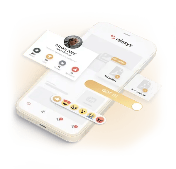 Visual design of the Relesys platform app on a white phone with a light colour palette