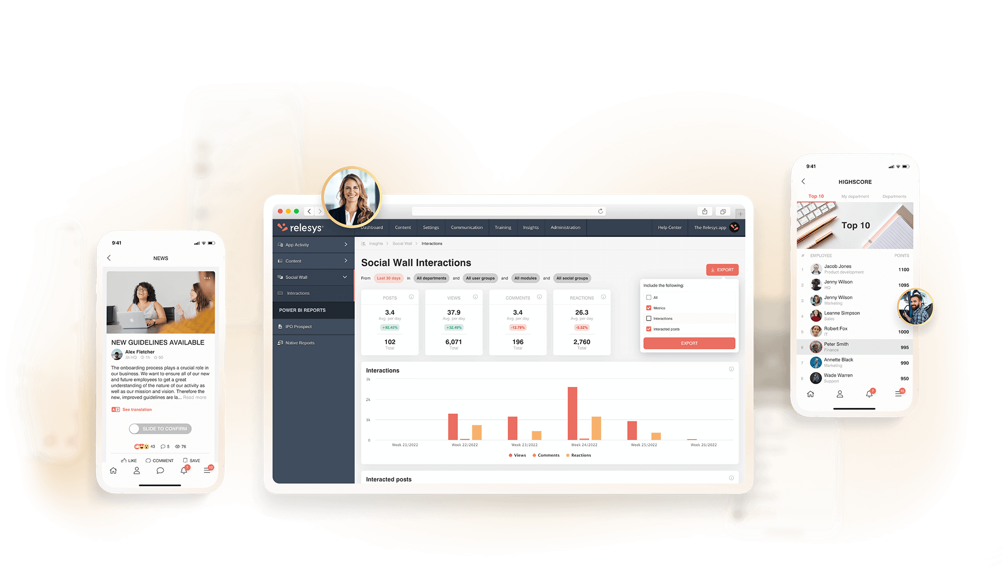 The Relesys platform from 2 views: the phone app that employees have access to; and the CMS that managers have access to for insightful analytics