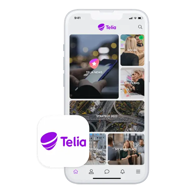 Phone showcasing the branded app of our client Telia