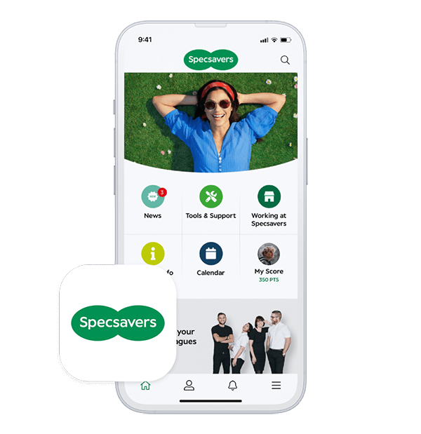 Phone showcasina the branded app of our client Specsavers