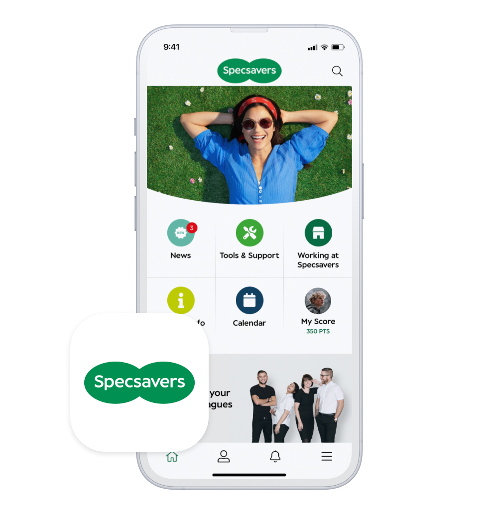 Phone showcasing the fully branded app of our client Specsavers