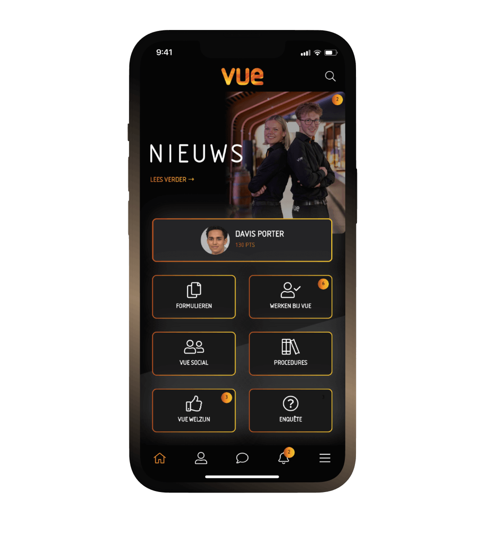 Phone showcasing the branded app of our client VUE