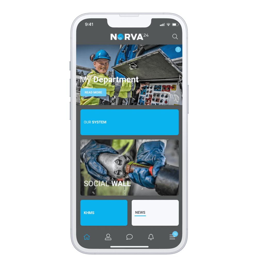 Phone showcasing the branded app of our client Norva