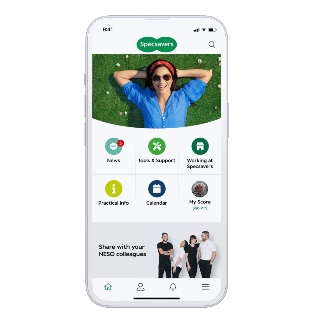 Phone showcasing the branded app of our client Specsavers