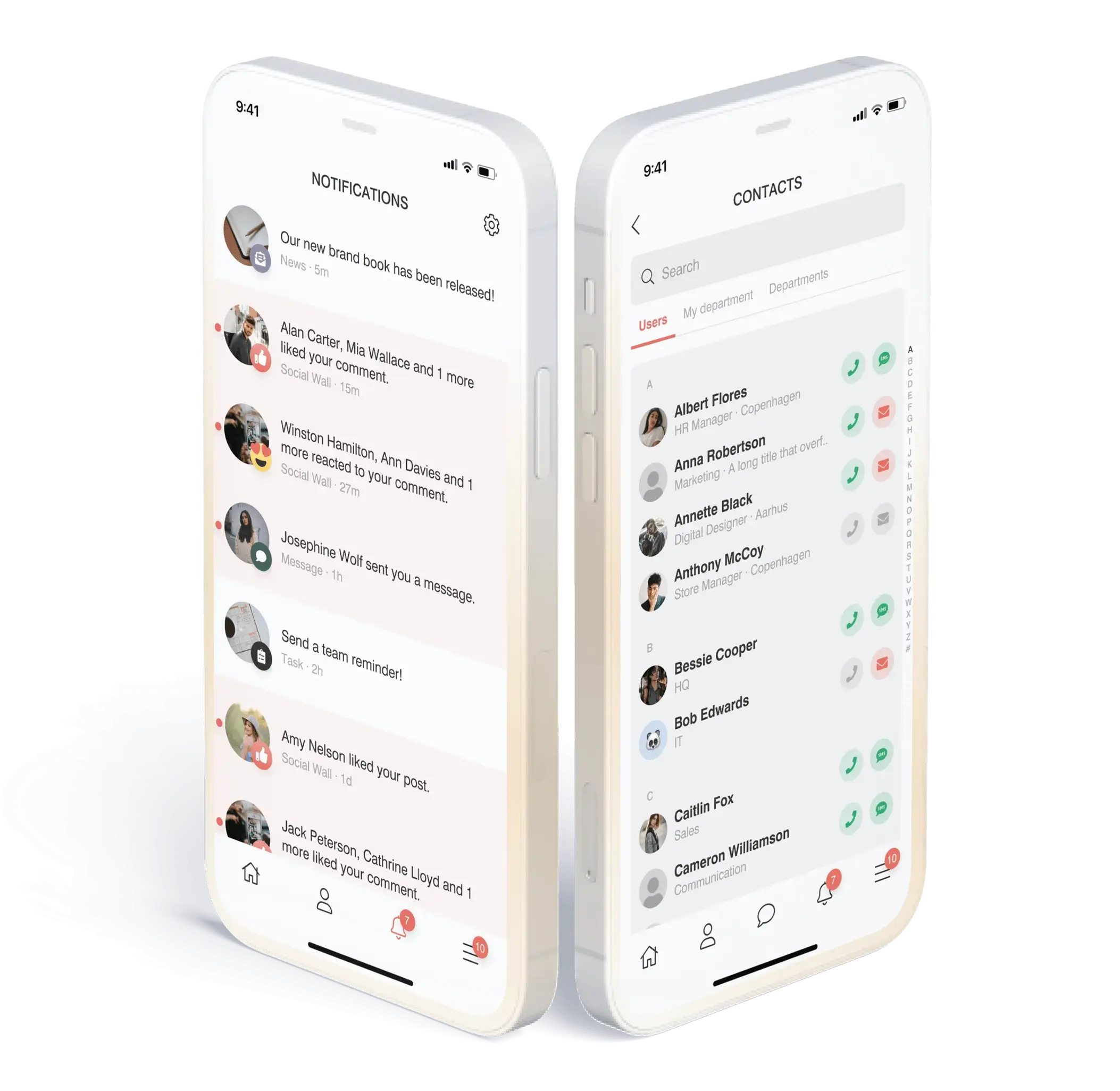 Two white phones logged into the Relesys employee app. One showcases the notifications section; the other showcases the contacts section